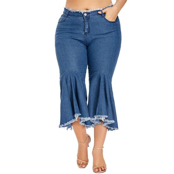

women autumn elastic plus loose denim pocket button casual boot cut pant jeans, Blue