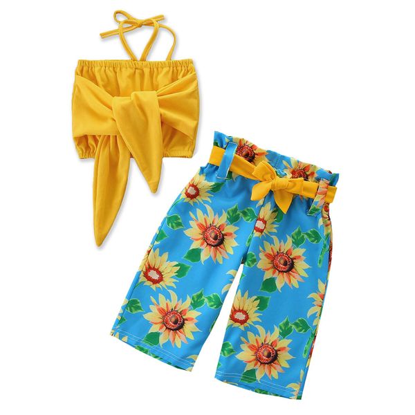 

focusnorm fashion toddler kid baby girl clothing set summer clothes crop sunflower long pants 2pcs outfits, White