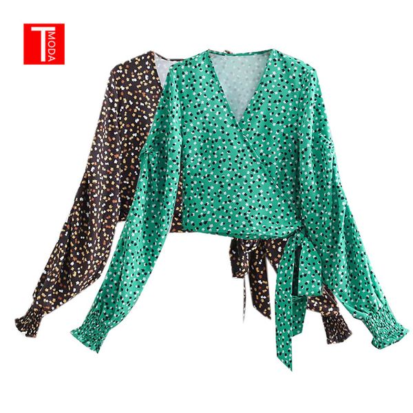 

vintage chic floral print wrap women blouses 2019 fashion v-neck bow tie long sleeve ladies shirts casual blusas mujer, White