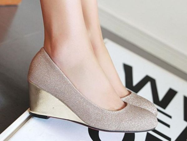 

2019 women's shoes in spring and autumn with new style slope heel round head sequined cloth@7080, Black