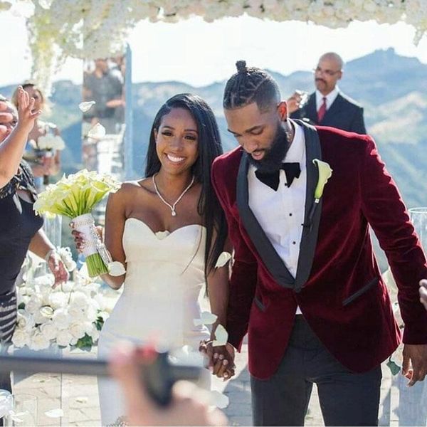 

brand new burgundy velvet groom tuxedos black shawl lapel groomsman wedding 2 piece suit fashion men prom jacket blazer(jacket+pants+tie)85, Black;gray