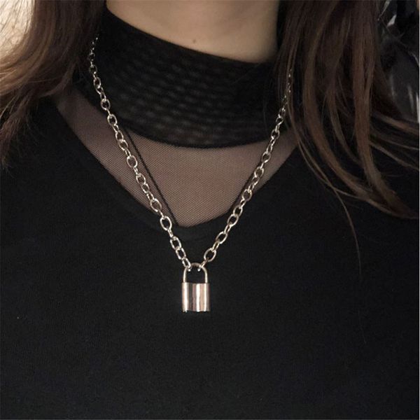 

hiphop brand new stainless steel silver color square padlock pendant necklaces for women men rolo cable chain necklace jewelry