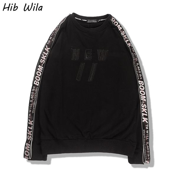 

men pullover o-neck streetwear hip hop oversized bf style ribbon sweatshirts couple new fashion casual male loose style, Black