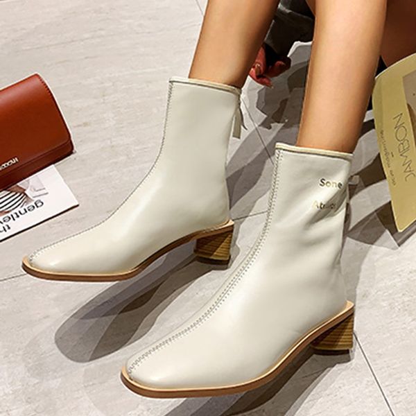 

back zipper boots women fashion leather med heels square toe padent waterproof sewing boots winter women shoes zapatos de mujer, Black