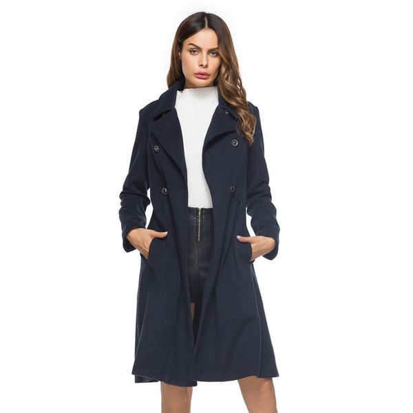 

2019 autumn winter new women fashion winter button lapel long sleeve solid color pocket coat for casual women streetwear, Black