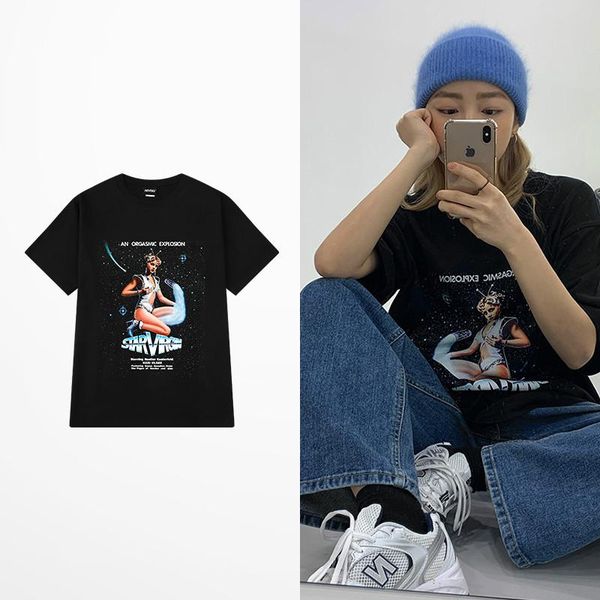 

новая мода высокого улице темной t рубашка мужчины 100% хлопок мультфильм девушка печати футболки мужчин и женщин прилив коротким рукавом фу, White;black