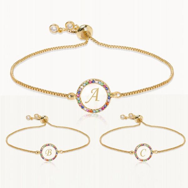 

rainbow zircon 26 letter bracelet for women shell cz initial bracelet femme snake chain jewelry christmas gifts, Black