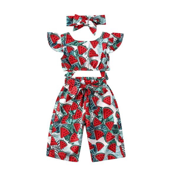 

newborn toddler baby kids girls clothes summer clothes watermelon backless crop + bowknot pants + headband 3pcs outfits, White