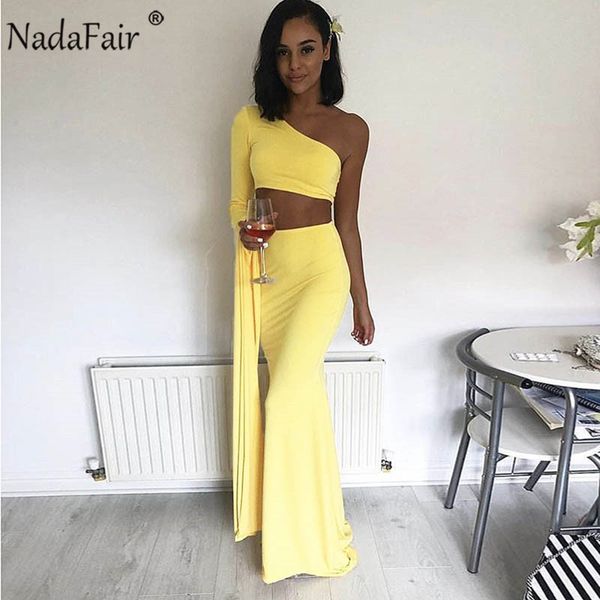

nadafair one shoulder party long dress women long sleeve summer trumpet elegant bodycon maxi dress women two piece sets, Black;pink