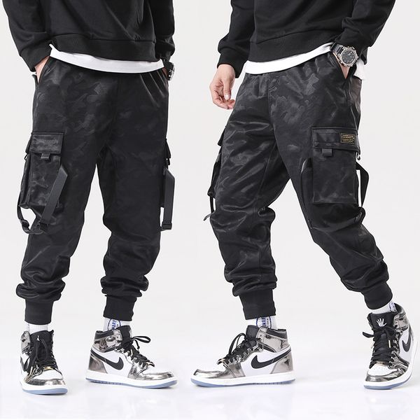 

hip hop streetwear cargo pants men's casual splice joggers trousers camouflage sweatpants lace-up fashion pant pantalones hombre, Black