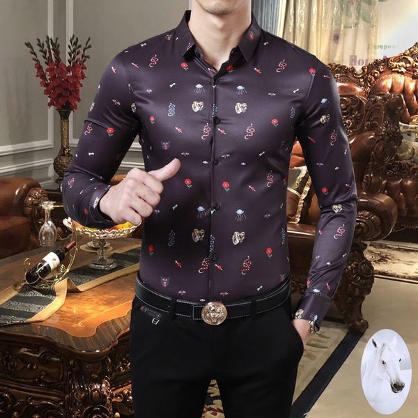 

2019 мужская рубашка мужская рубашка с длинными рукавами цветок микро-эластичный шелк рубашка сорочка homme печати мужская одежда сорочка лю, White;black