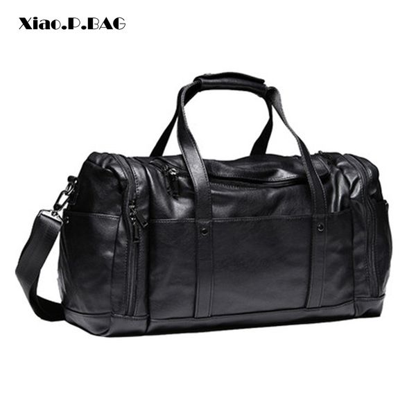 

men finely processed large capacity black pu leather handbags luggage bags travel duffle bags gym single shoulder, Black;red