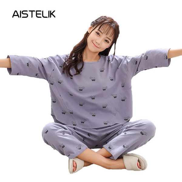 

new cotton pajamas women's autumn trousers bat half sleeve korean version of the cotton suit xl home service can be worn, Blue;gray