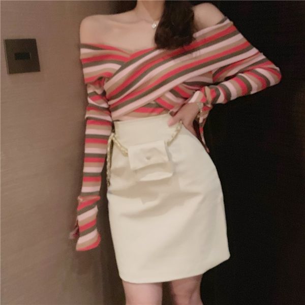 

nana fashion womens clothing store design sense collarbone striped shirt running bag high waist leather skirt sweet suit two-piece set, Black