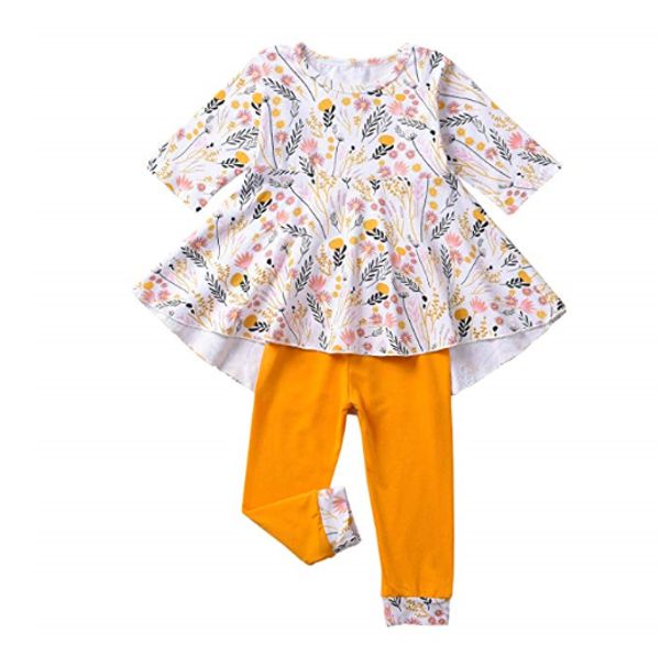 

kid toddler girl fall clothes set little girls highlow tunic +leggings outfit boutique clothing baby girl clothes, White