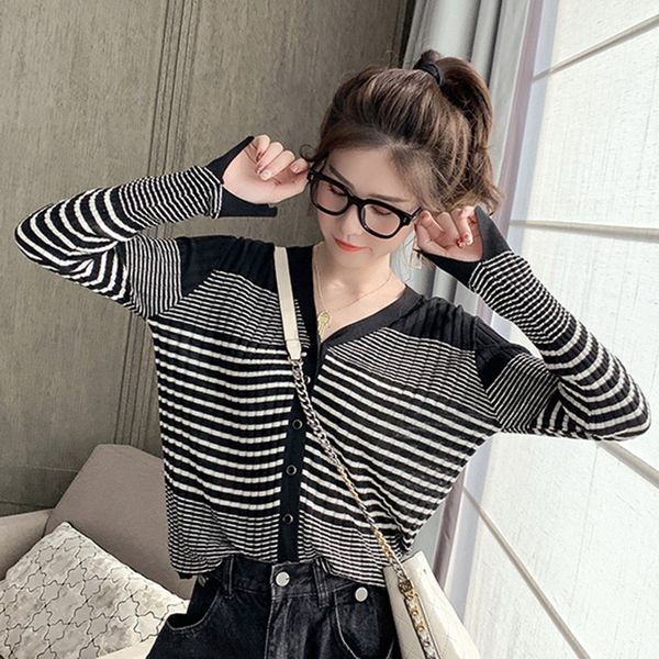 

sweater girl's korean striped knitted cardigans women loose long sleeve cardigan women autumn casual v-neck sweater, White