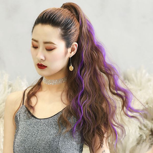 

space dyeing hair mix color ponytails women's long curly hair clip type multi colored invisible natural about 60 cm long, Black