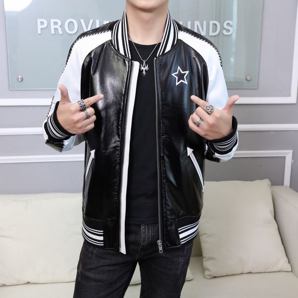 

men's leather & faux brand motorcycle jacket men black zipper college baseball mens jackets autumn luxury genuine sheepskin coat male