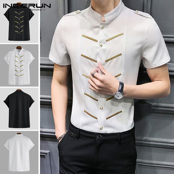 

2020 summer men uniform shirt short sleeve printed stand collar button elegant brand dress shirts men breathable s-5xl, White;black