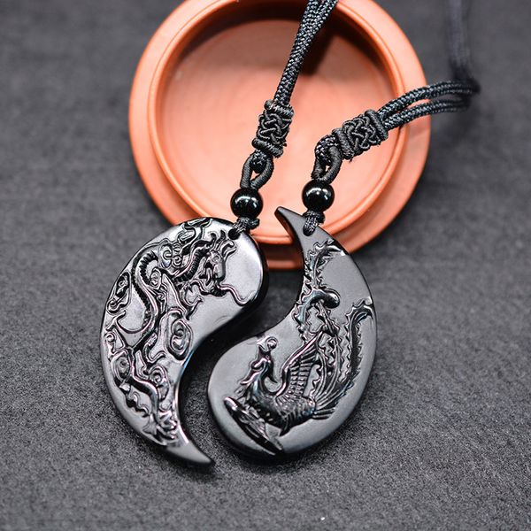 

1 set obsidian carving dragon and phoenix necklace pendant yin yang pendant necklace obsidian lucky pendants cj191220, Silver