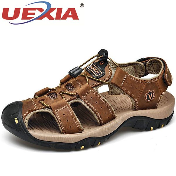 

uexia male shoes genuine leather men sandals summer men shoes beach fashion outdoor casual non-slip sneakers footwear size 48, Black