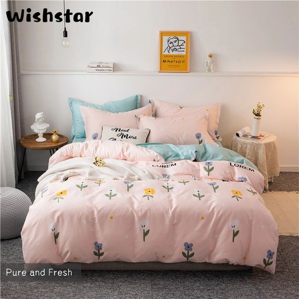 Pink Blue Flower Pure Cotton Bed Linen For Girls Nordic Bed Cover