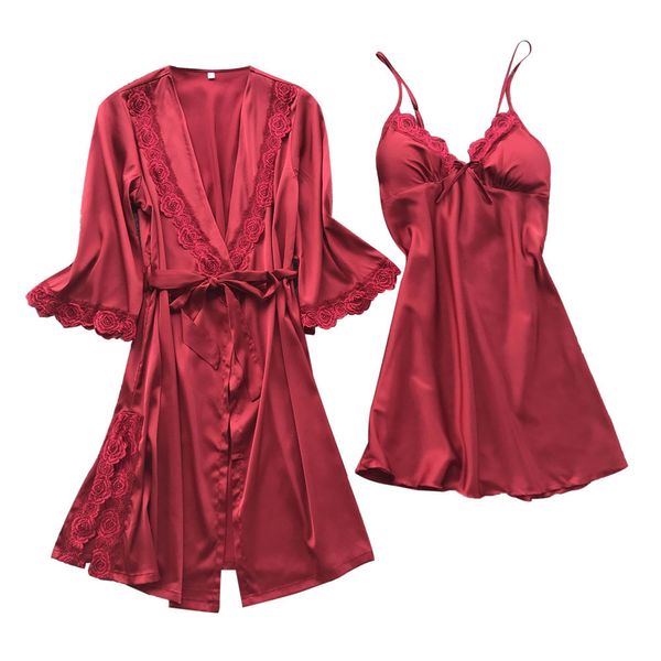 

2019 lace robe set women kimono bathrobe gown rayon nightgown kaftan 2pcs home dress sleepwear bride wedding robe suit a3, Black;red