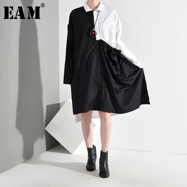 

eam] women black ruffles split big size blouse new lapel long sleeve loose fit shirt fashion tide spring autumn 2019 1a1880, White