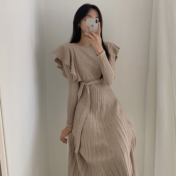 

o-neck ruffles long-sleeved female knitted dress 2020 spring lace-up slim waist women a-line dress casual knit vestidos v557, Black;gray