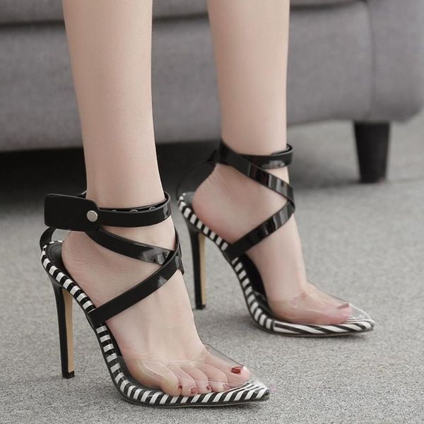 

women pointed shoe color-block sandals clear sandals red blue shoes stiletto high heel buckle shoes, Black