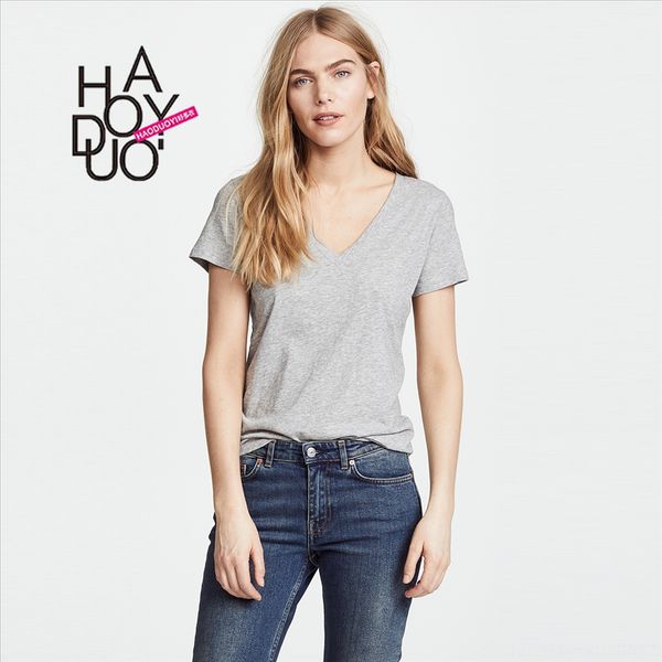 

haoduoyi simple commuting solid color v-neck easy to wear casual gray short sleeves, White