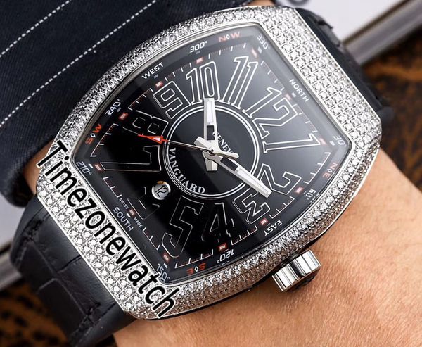 

new men's collection vanguard v45 sc dt automatic mens watch silver diamond bezel black dial number markers leather timezonewatch e114b, Slivery;brown