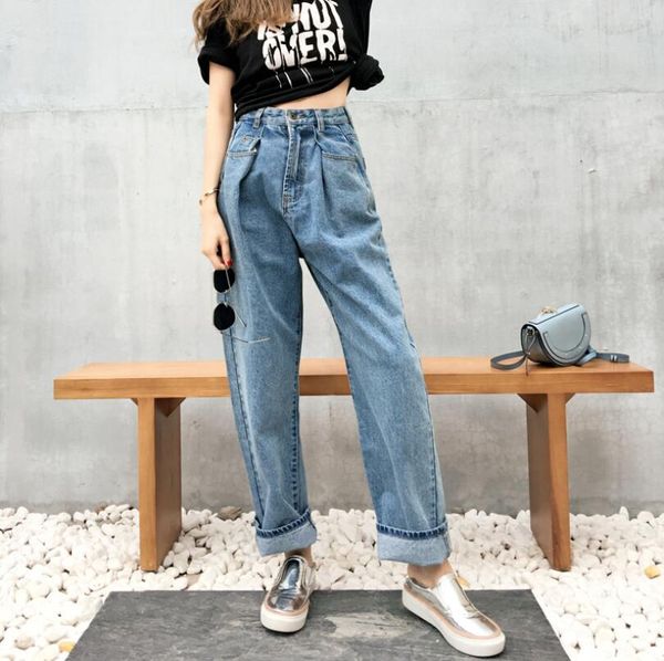 

autumn winter new women denim pants 2018 fashion women's high waist loose bf style jeans woman casual wide leg pants p718, Blue