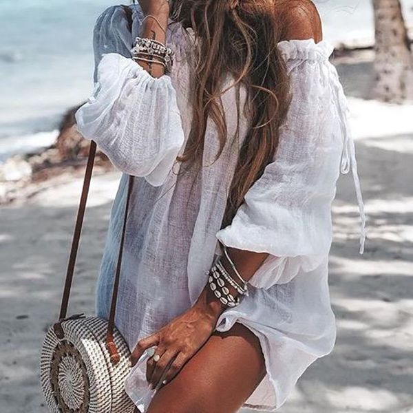 

2019 one shoulder cover up women summer white cotton beach dress swimsuit tunic bikini swimwear skirt knit sarong pareo coverups, Blue;gray