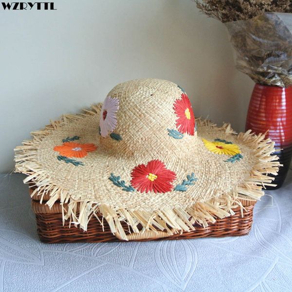 

women big raffia hats fringed brim wide brim summer hats elegant hand made crochet flower sun hat floppy uv protection beach hat, Blue;gray
