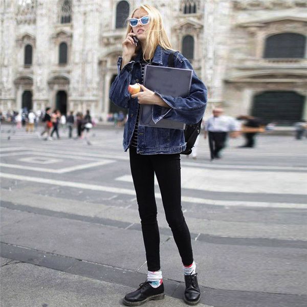 

fashion women's denim jacket plus size women autumn winter long sleeve stretch short denim jacket in women's basic 16#40, Black;brown