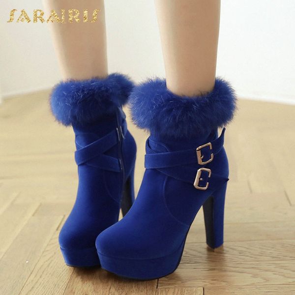 

sarairis new arrivals big size 31-43 platform ankle boots woman shoes zip up chunky high heels add fur winter boots lady shoes, Black