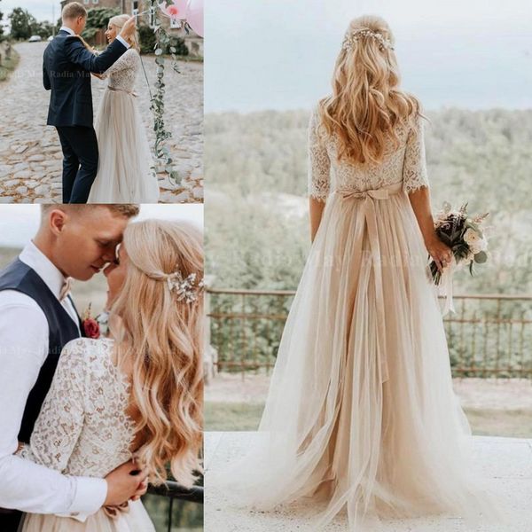 

bohemian 2020 new champagne country wedding dresses with sleeve a-line hippie western bridal gowns boho beach robe de mariee bc2714, White