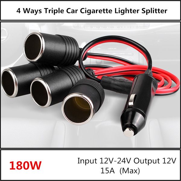 

180w 4 ways triple car cigarette lighter splitter female socket plug power adapter connector, input 12v 24v 15a universal socket