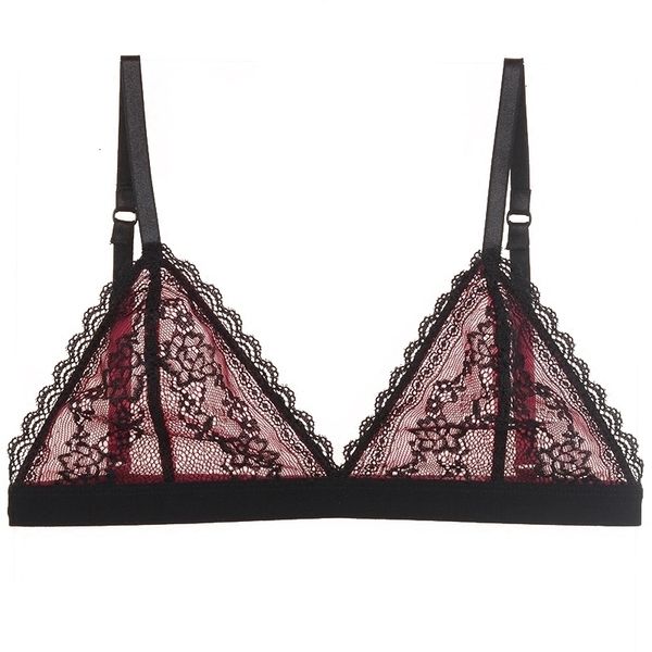

femme lingeries bralette bras steel no ring bralette underwear super thin lace triangular cup showing small chest drop shipping, Red;black