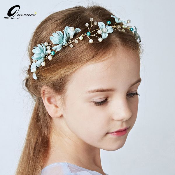 

light blue flower headband pearl princess hairband wedding hair accessories bridal hair tiara girl's hair wreath, Golden;white