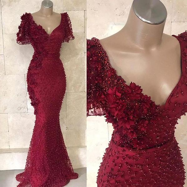 

2019 Mermaid Evening Dresses V Neck Illusion Major Bead Short Sleeve Arabic Prom Party Dresses Pageant Gowns Plus Size Custom Made