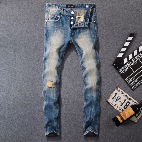 

2018 newly fashion men jeans blue color vintage retro designer slim fit ripped jeans balplein brand men buttons long pants
