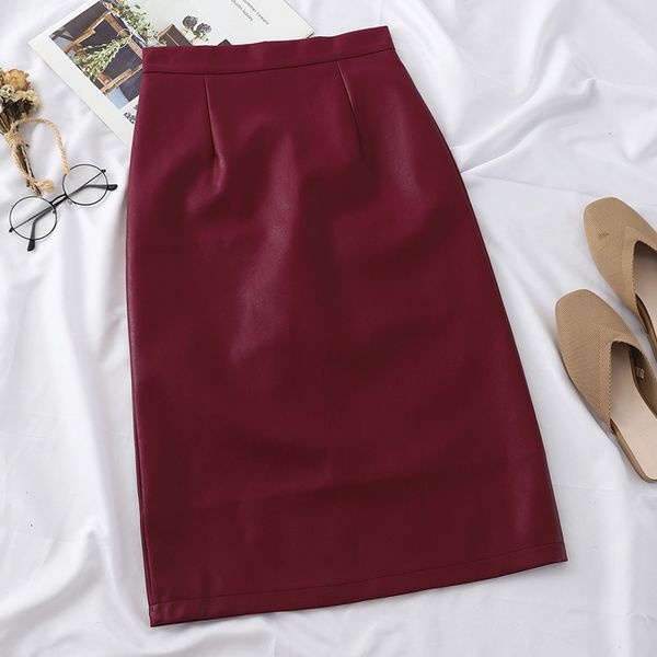 

skirts heliar wine elegant pu leather women high waist straight midi highstreet 2021 fall, Black