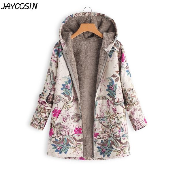 

jaycosin female jacket plush coat women's windbreaker winter warm outwear floral print hooded pockets vintage oversize coats, Black