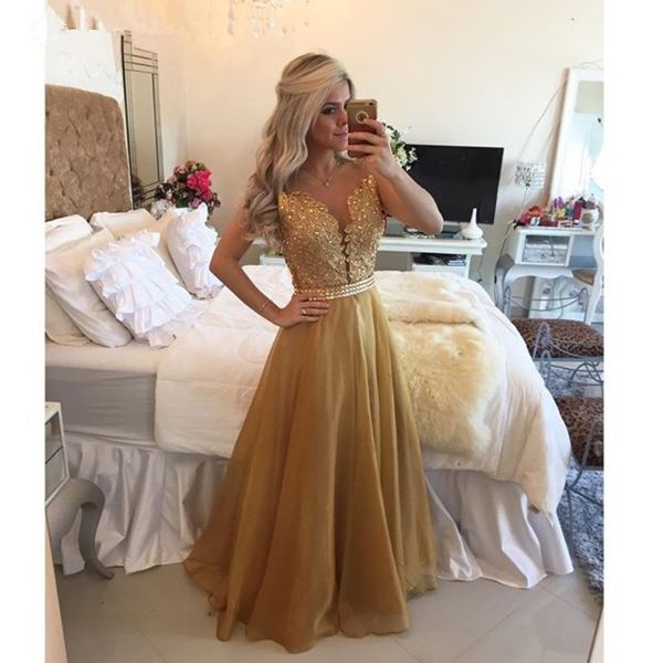 

a-line modest pearls vestidos de festa gold prom party dresses see through back appliqued lace gold evening gowns dh1488, Black;red