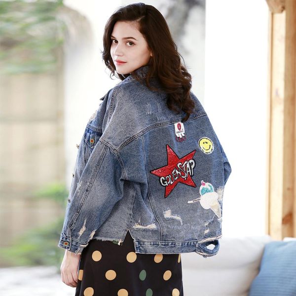 

denim blue vintage women's jacket loose plus size print frayed holes sequins spring autumn outwear oversize female jean coats, Black;brown