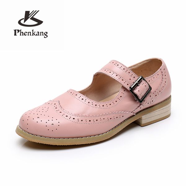 

women genuine leather brogues lady flats sandals shoes vintage buckle handmade oxford shoes for women sandals 2019 summer, Black