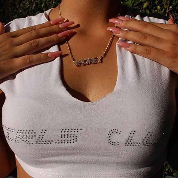 

letter drilling cotton cropped shirt women summer half open collar strapless bandeau femme rhinestone cropped, White