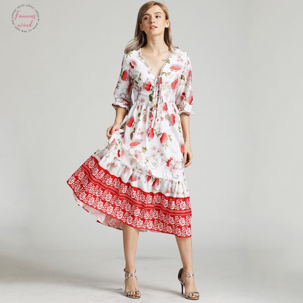 

women summer boho chic beach dress mid calf v neck lace up floral print midi dresses 2019 female elegant party dress, Black;gray